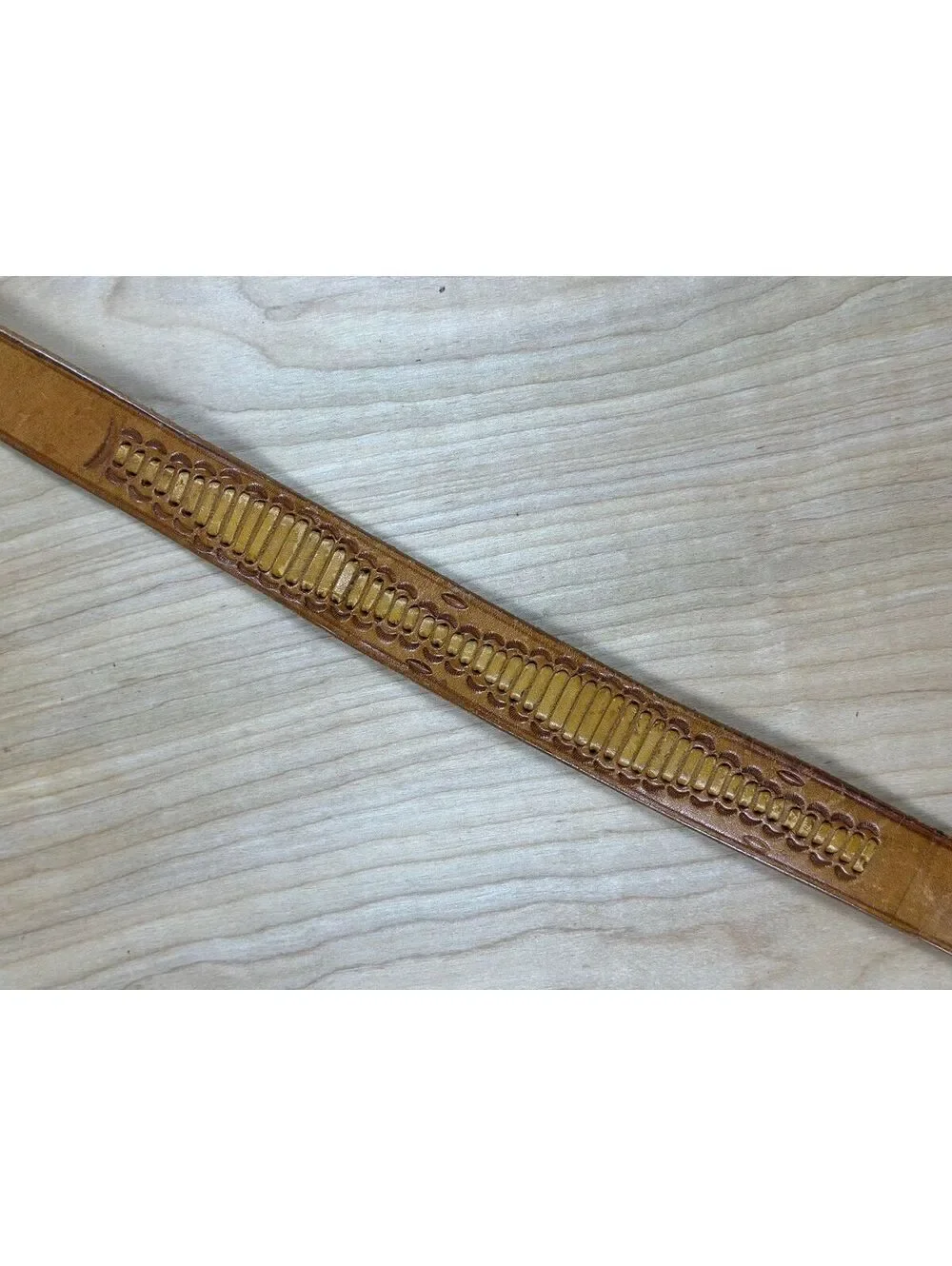Vintage 70s Western Leather Belt 38 woven tooled floral flowers 1-3/8